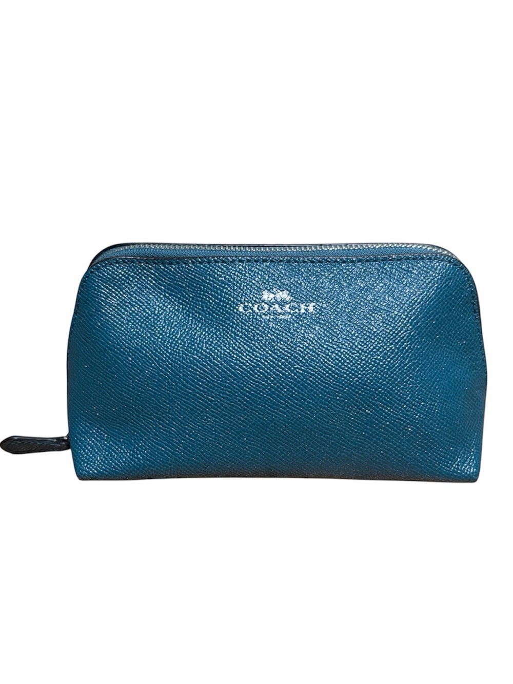 Coach Teal Shimmer Metalic Crossgrain leather makeup/cosmetic travel bag